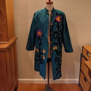 Indigo Moon Mandarin Collar Coat Green Small 100% Cotton Embroidery Flowers Long
